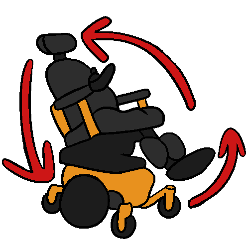 A tilted back, orange tilt in space powerchair with red arrows around the front, back, and footplate, pointing toward different angles.